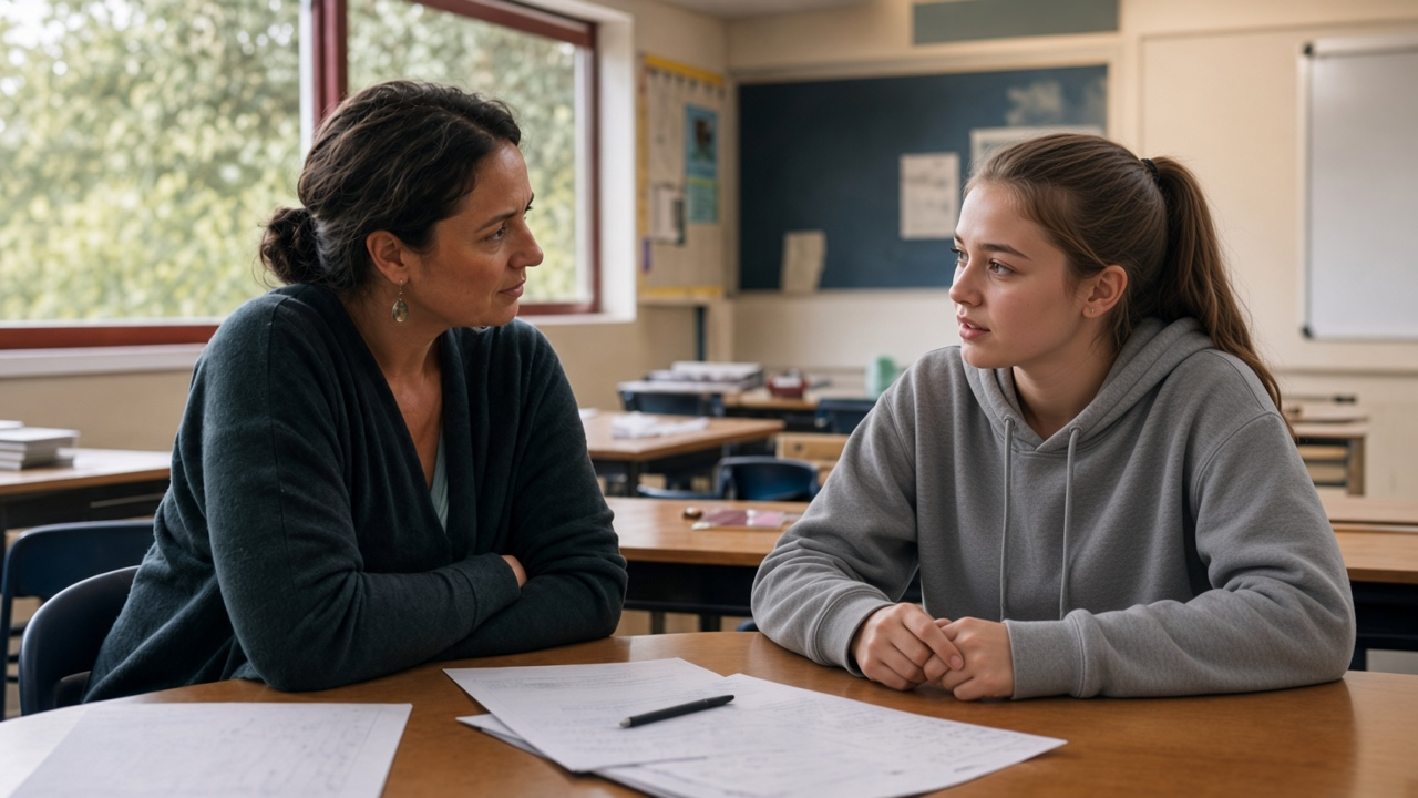 Teacher and student in conversation at a classroom desk
