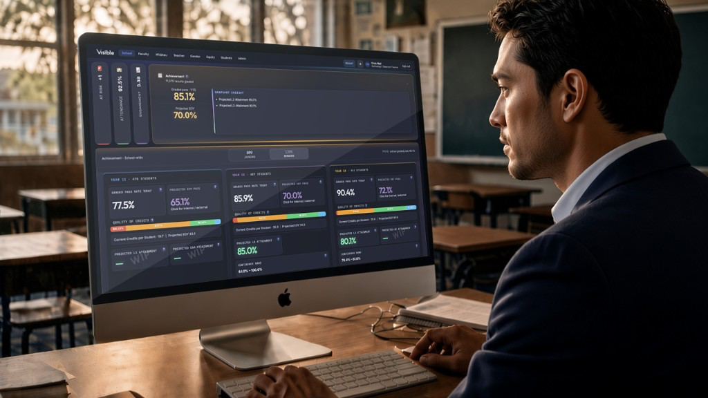 Teacher reviewing Insight on an iMac in a classroom